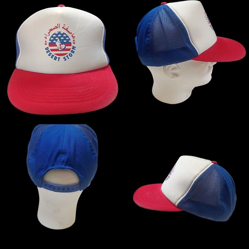 VTG 1990s Desert Storm Mesh Back Trucker Hat Red White Blue Snap Back Original